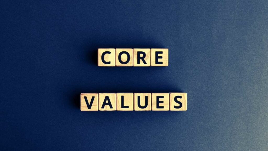 Blocks on a blue background that spell, "core values"