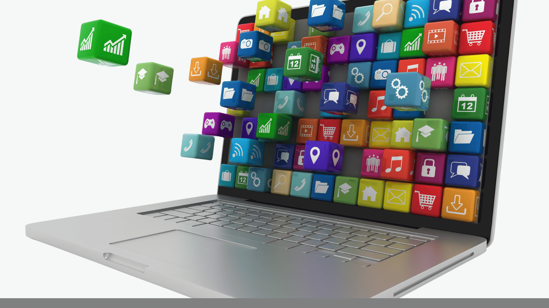 a laptop full of application icons that are spilling out of it