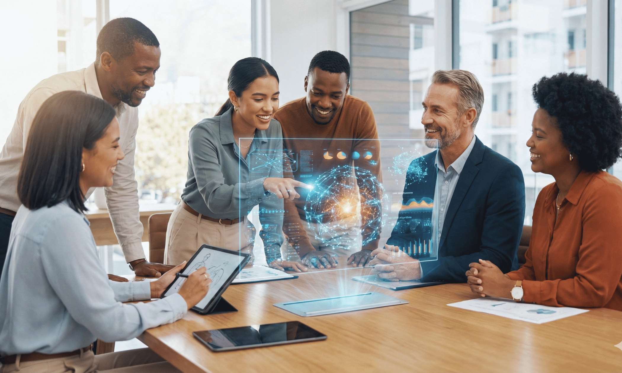 a team around a holographic screen