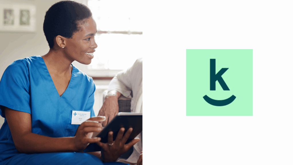 a healthcare worker using a tablet alongside the kevala logo