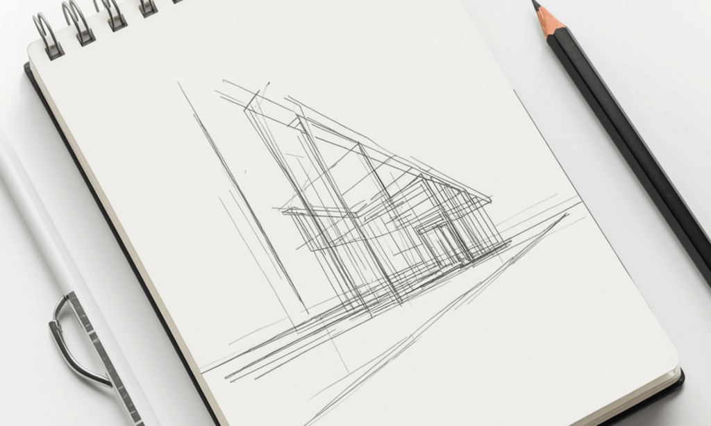 a sketch book with a drawing of a building